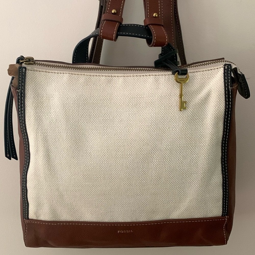 Fossil saddle tan genuine leather/cream fabric backpack